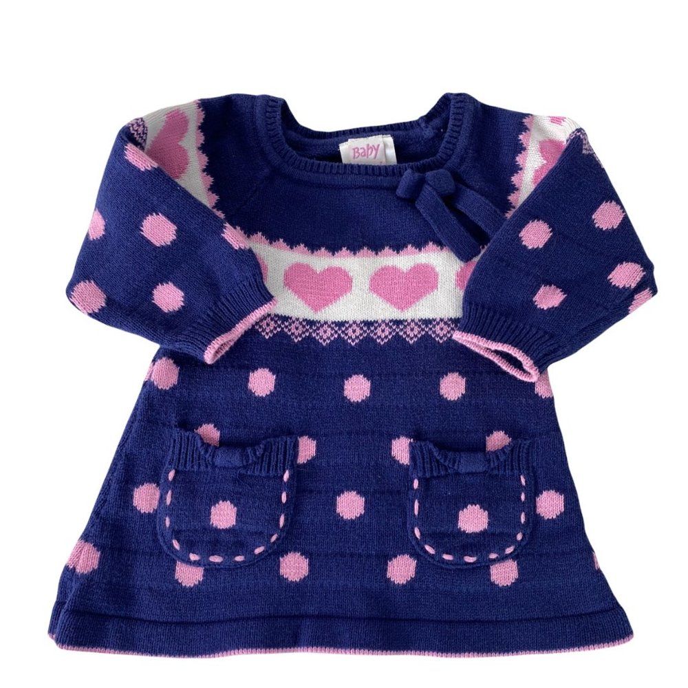 Babi Beri Infant Sweater Dress Blue with Hearts Size 3/6 Months